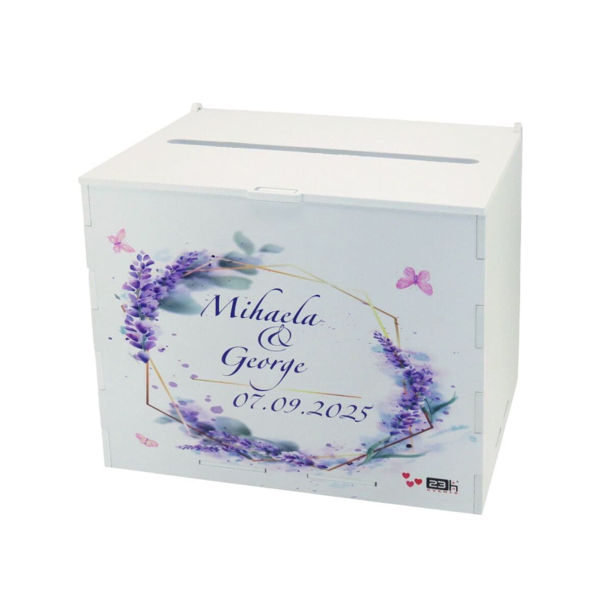 Cutie dar nunta, din lemn vopsit alb, Personalizat, model lavanda, 27x20x21cm PRIF308087 (5)