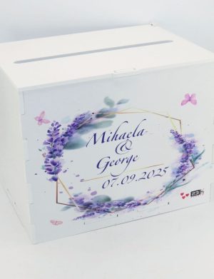Cutie dar nunta, din lemn vopsit alb, Personalizat, model lavanda, 27x20x21cm – PRIF308087