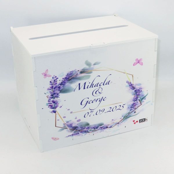 Cutie dar nunta, din lemn vopsit alb, Personalizat, model lavanda, 27x20x21cm PRIF308087 (6)