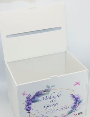 Cutie dar nunta, din lemn vopsit alb, Personalizat, model lavanda, 27x20x21cm – PRIF308087