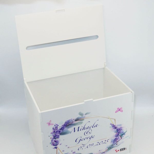 Cutie dar nunta, din lemn vopsit alb, Personalizat, model lavanda, 27x20x21cm PRIF308087 (7)