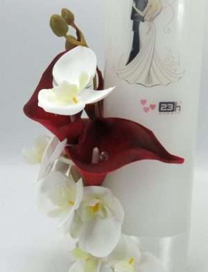 Lumanare cununie, decor din cale si orhidee din silicon, grena&alb – PRIF308062