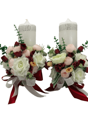 Lumanare cununie, decorata cu flori din matase, grena&alb – ILIF308058