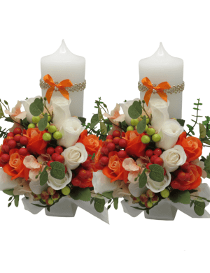 Lumanare cununie, decorata cu flori piersicii/portocalii din matase – PRIF308013