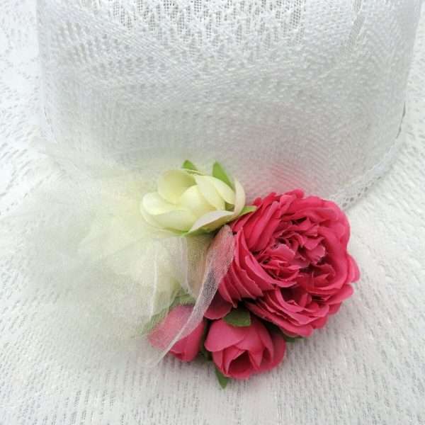 Palarie pentru dezgatitul miresei alba cu flori de matase roz ILIF308001 6