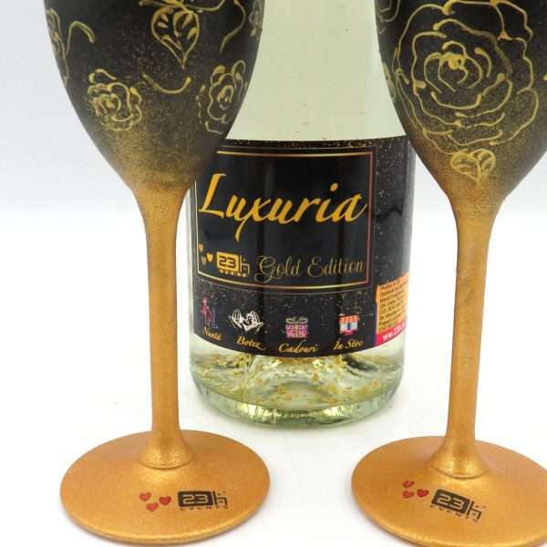 Set Vin Spumant Luxuria cu foita de aur 23k 2 pahare aurii decorate manual ILIF308006 1