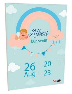 Tablou Bun Venit Botez, aniversare bebe băiețel, soare, nori și curcubeu – ILIF308091