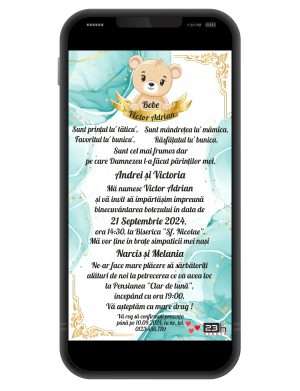 Invitatie digitala botez baietel, personalizata cu ursuleț și fundal tourcoise – MIBC308003