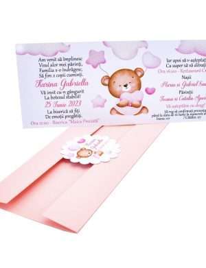 Invitație botez Copertată roz, Ursuleț pentru fetiță – MIBC308012