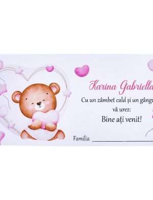 Plic de Dar (bani) pentru botez, Ursuleț roz, personalizat cu nume – MIBC308001