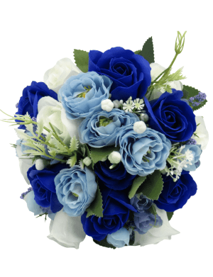 Buchet mireasanasa cu flori de matase alb albastru ILIF309008 1