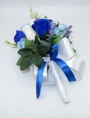 Buchet mireasa/nasa cu flori de matase, alb-albastru – ILIF309008
