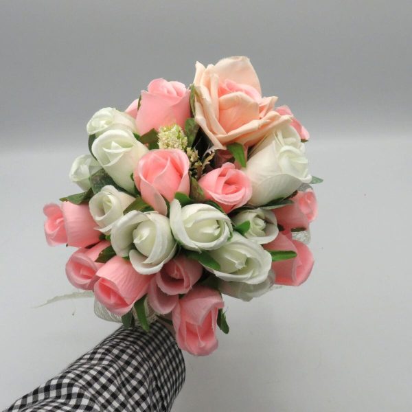 Buchet mireasanasa cu flori de matase alb roz – ILIF309024 3