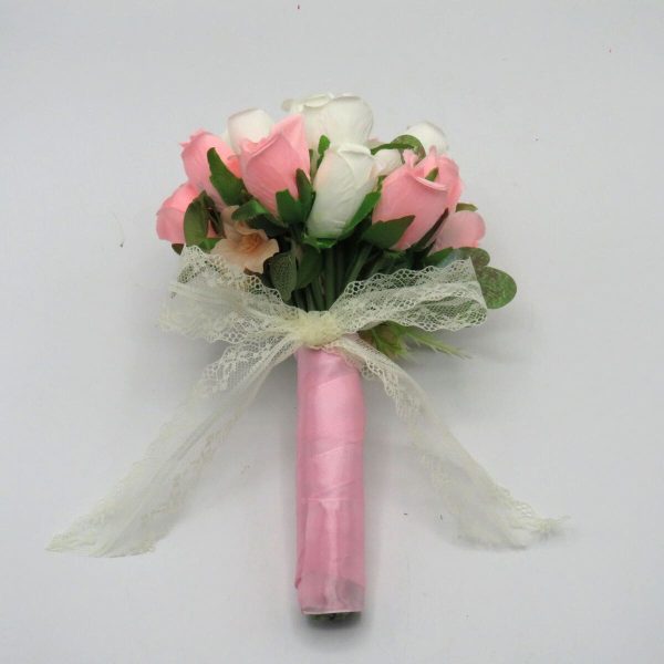 Buchet mireasanasa cu flori de matase alb roz – ILIF309024 4