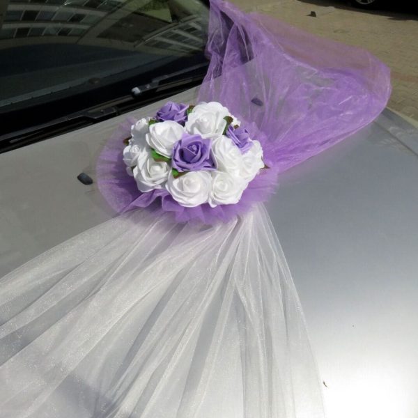 Decor masina pentru nunta cu tulle si trandafiri din spuma, mov ILIF309053 (1)
