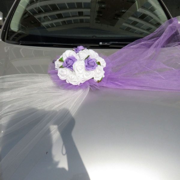 Decor masina pentru nunta cu tulle si trandafiri din spuma, mov ILIF309053 (2)