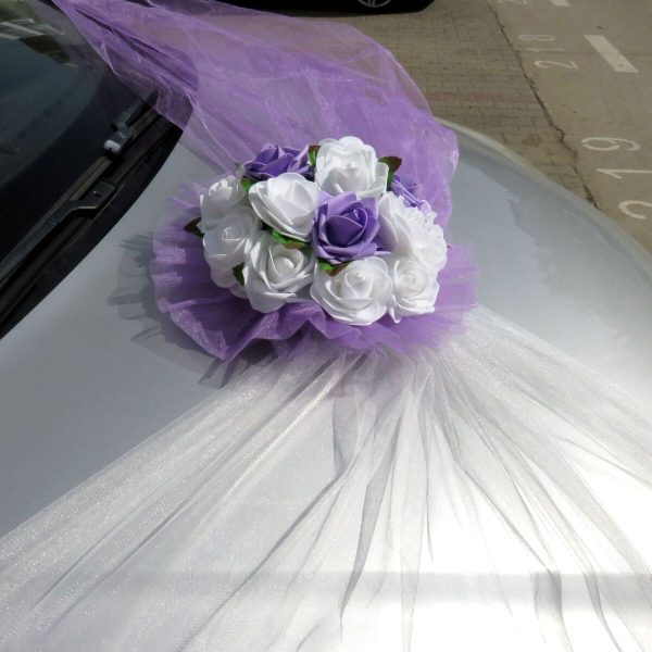 Decor masina pentru nunta cu tulle si trandafiri din spuma, mov ILIF309053 (3)