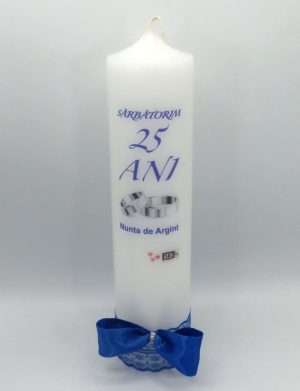 Lumanare Nunta Argint – aniversare 25 ani, model decorat, alb-albastru regal – ILIF309002