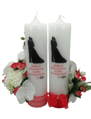 Lumanare Nunta decorata cu flori de matase si orhidee din silicon, alb-rosu – PRIF309013