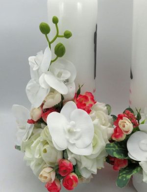 Lumanare Nunta decorata cu flori de matase si orhidee din silicon, alb-rosu – PRIF309013