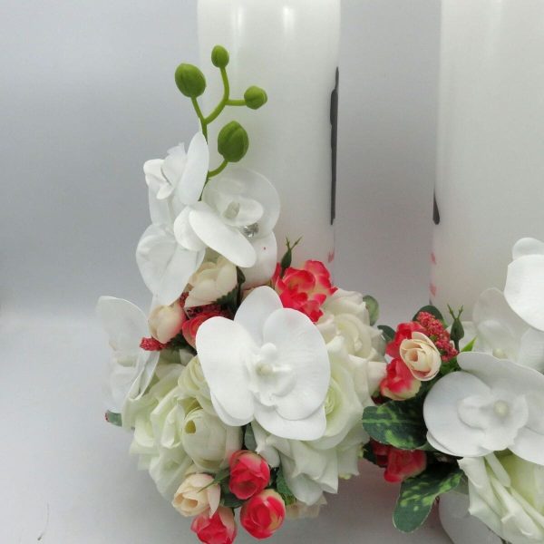 Lumanare Nunta decorata cu flori de matase si orhidee din silicon alb rosu ILIF309013 1
