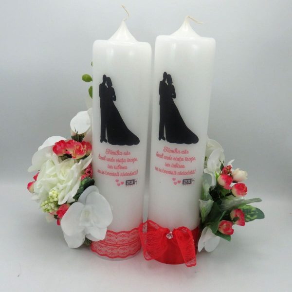 Lumanare Nunta decorata cu flori de matase si orhidee din silicon alb rosu ILIF309013 10