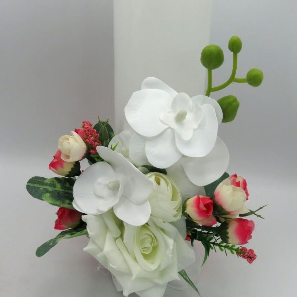 Lumanare Nunta decorata cu flori de matase si orhidee din silicon alb rosu ILIF309013 2