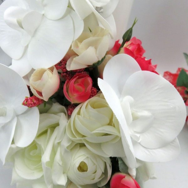 Lumanare Nunta decorata cu flori de matase si orhidee din silicon alb rosu ILIF309013 3