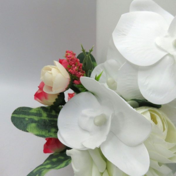 Lumanare Nunta decorata cu flori de matase si orhidee din silicon alb rosu ILIF309013 5