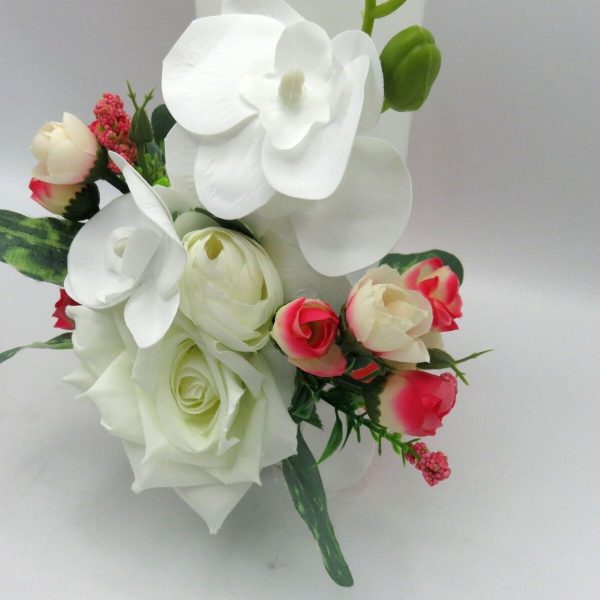 Lumanare Nunta decorata cu flori de matase si orhidee din silicon alb rosu ILIF309013 6