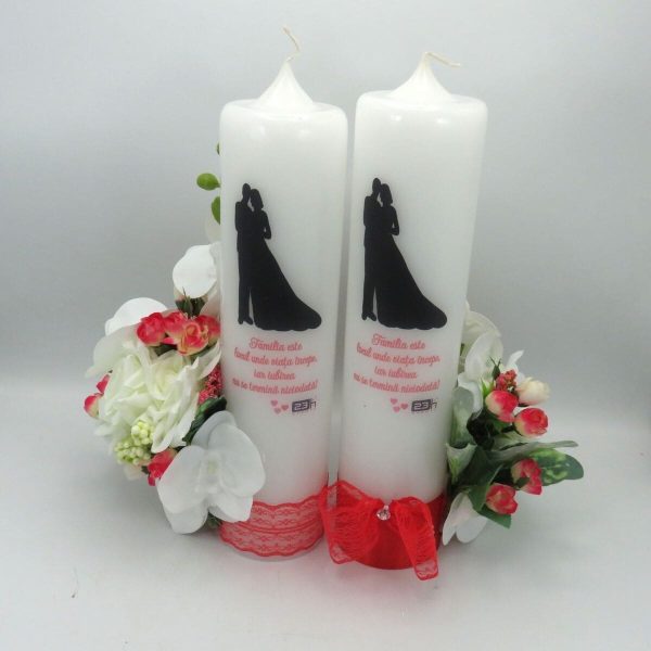 Lumanare Nunta decorata cu flori de matase si orhidee din silicon alb rosu ILIF309013 9