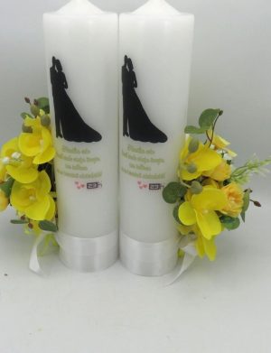 Lumanare Nunta decorata cu flori de matase si orhidee din silicon, galben – PRIF309012