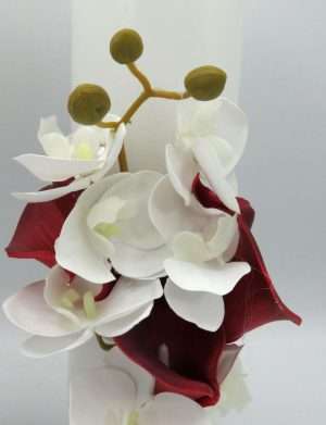 Lumanare cununie, decor floral din cale & orhidee din silicon, alb-grena – ILIF309003