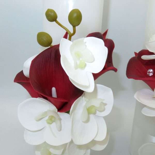 Lumanare cununie decor floral din cale orhidee din silicon alb grena ILIF309003 5