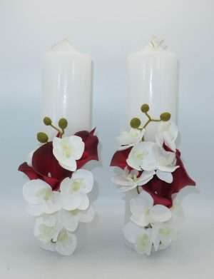 Lumanare cununie, decor floral din cale & orhidee din silicon, alb-grena – ILIF309003