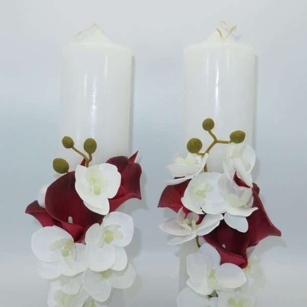 Lumanare cununie decor floral din cale orhidee din silicon alb grena ILIF309003 7