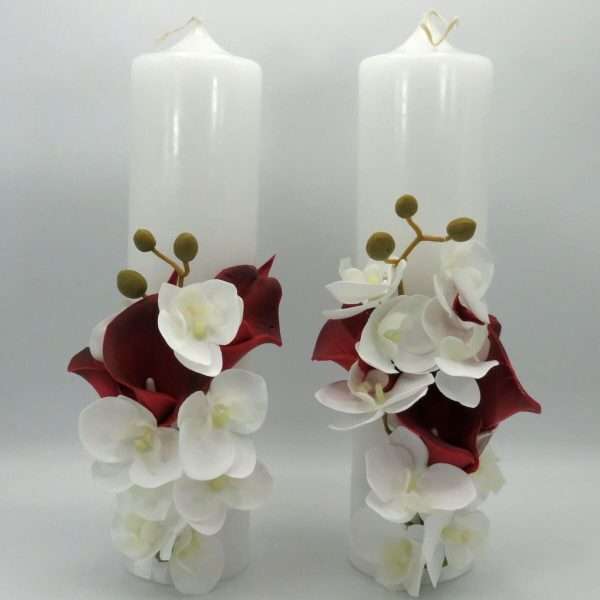 Lumanare cununie decor floral din cale orhidee din silicon alb grena ILIF309003 8