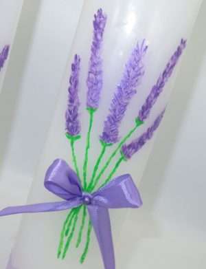 Lumanare cununie pictata manual, model deosebit cu flori de lavanda – ILIF309004