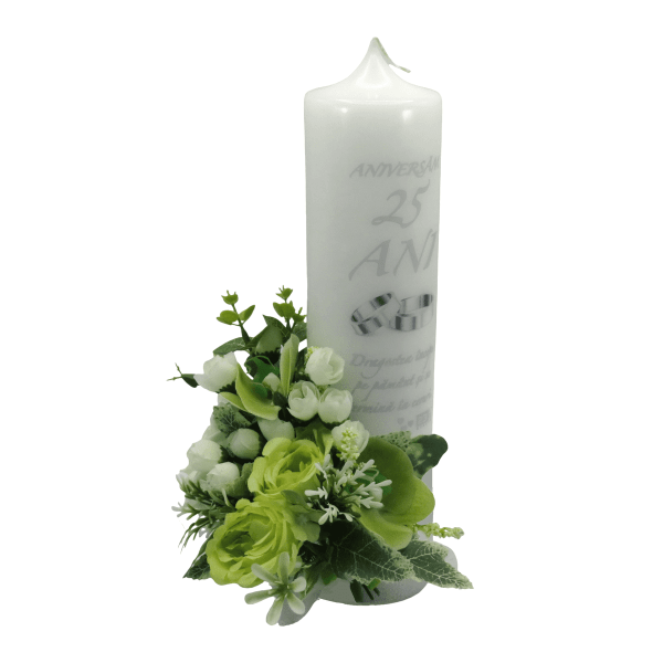 Lumanare nunta aniversare 25 ani decorata cu flori de matase verde alb ILIF309041 1