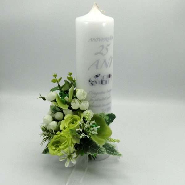 Lumanare nunta aniversare 25 ani decorata cu flori de matase verde alb ILIF309041 2