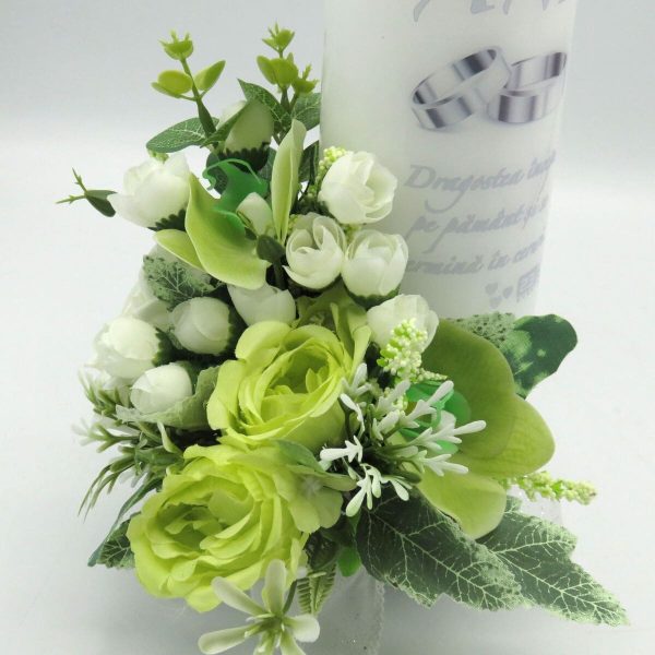 Lumanare nunta aniversare 25 ani decorata cu flori de matase verde alb ILIF309041 3