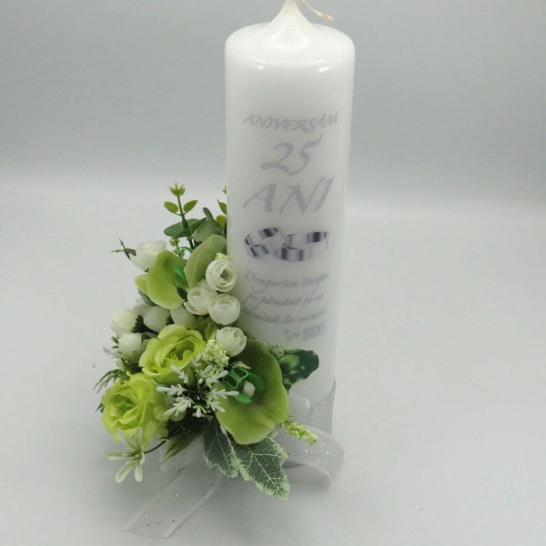 Lumanare nunta aniversare 25 ani decorata cu flori de matase verde alb ILIF309041 5