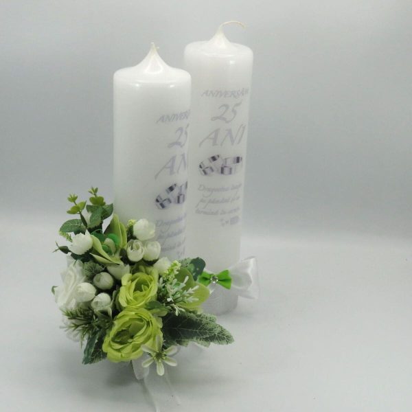 Lumanare nunta aniversare 25 ani decorata cu flori de matase verde alb ILIF309041 8