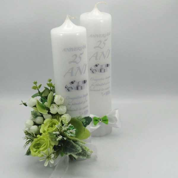 Lumanare nunta aniversare 25 ani decorata cu flori de matase verde alb ILIF309041 9