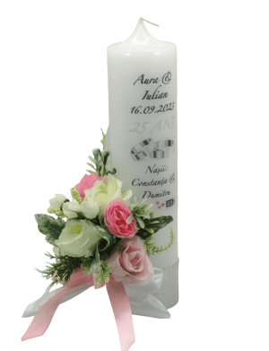 Lumanare nunta personalizata aniversare 25 ani decorata cu flori de matase roz alb ILIF309042 1