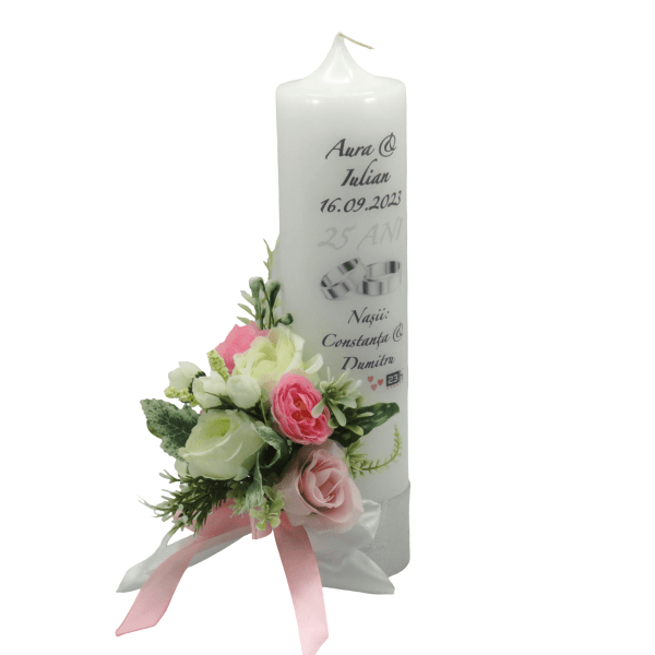 Lumanare nunta personalizata aniversare 25 ani decorata cu flori de matase roz alb ILIF309042 1