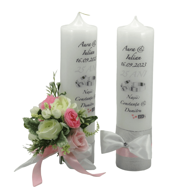 Lumanare nunta personalizata aniversare 25 ani decorata cu flori de matase roz alb ILIF309042 2