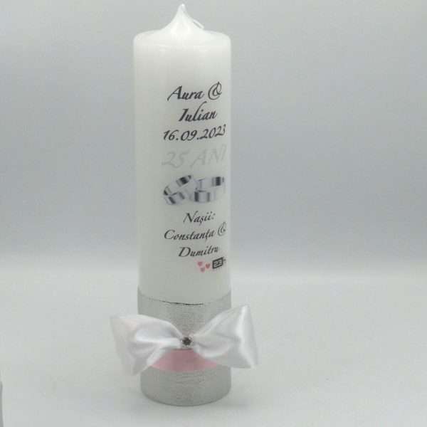 Lumanare nunta personalizata aniversare 25 ani decorata cu flori de matase roz alb ILIF309042 3
