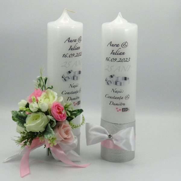 Lumanare nunta personalizata aniversare 25 ani decorata cu flori de matase roz alb ILIF309042 6