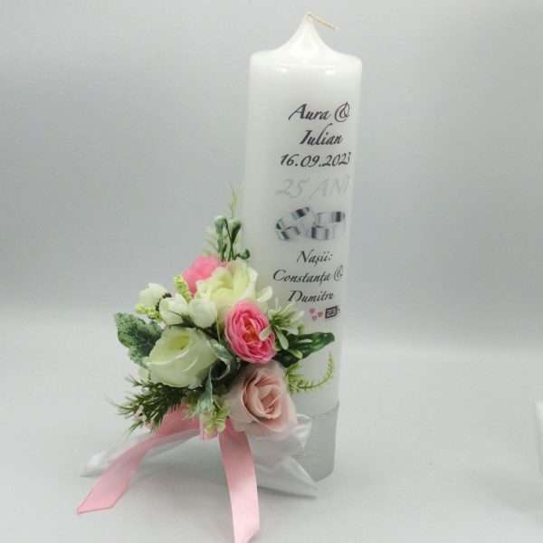 Lumanare nunta personalizata aniversare 25 ani decorata cu flori de matase roz alb ILIF309042 7